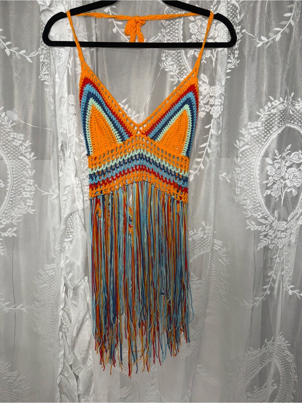 Crochet Fringe Halter Bodysuit in Orange and Multicolor